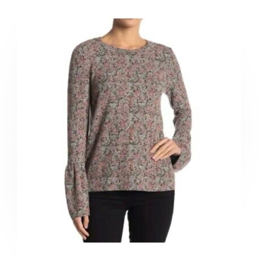 Lucky Brand Gray Floral Bell Long Sleeve Soft Top Size M
